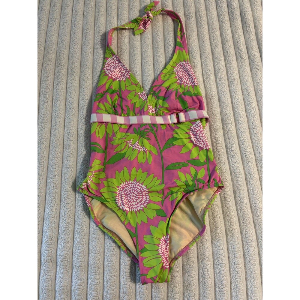 Vintage Lilly Pulitzer one piece Swimsuit womenās 8 pink green sunflower belt